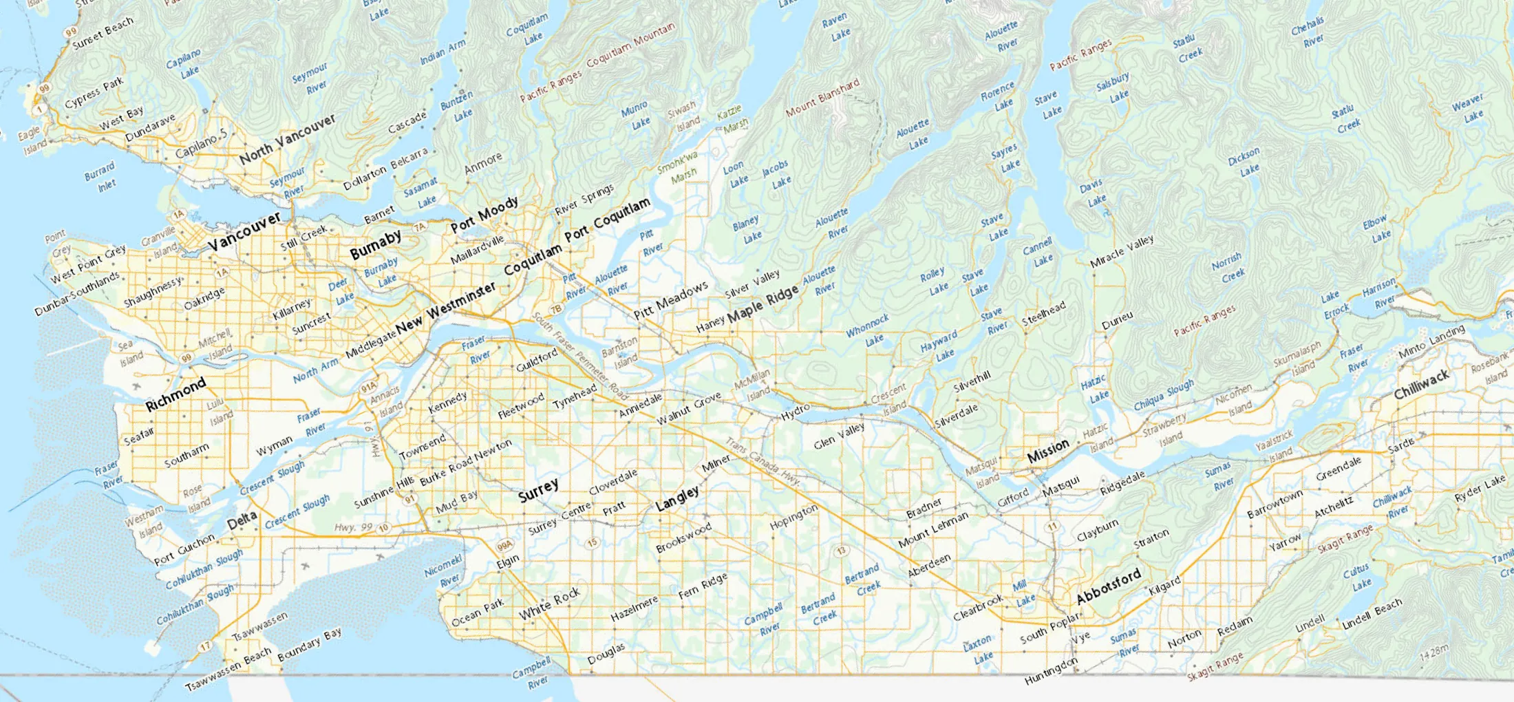 Detailed map of Metro Vancouver and the Fraser Valley with roads, waterways, terrain contours and communities from the North Shore to Chilliwack.